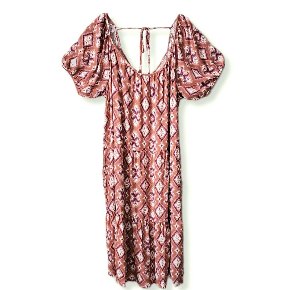 Knox Rose Brown Pink Tiered Midi Peasant Sun Dress XXL Prairie Boho Casual NEW